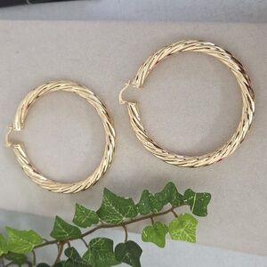 Gold Statement Hoop Earrings Swirl Design 2 3/4"